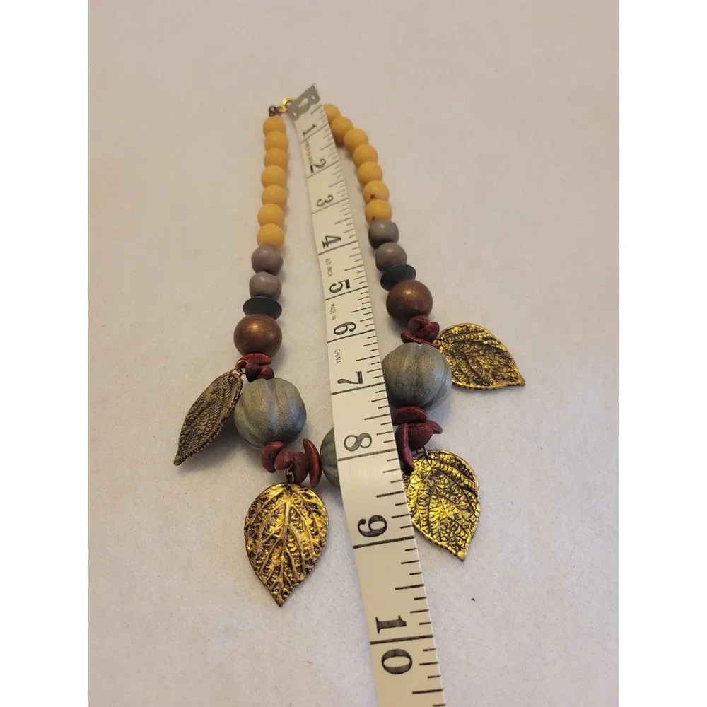 Beaded Leaf Necklace Boho Cottagecore Nature Statement Yellow Gold Tone